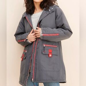 Anthropoligie Maeve Grey And Red Long Anorak Jacket With Cheetah Lining, Size XS